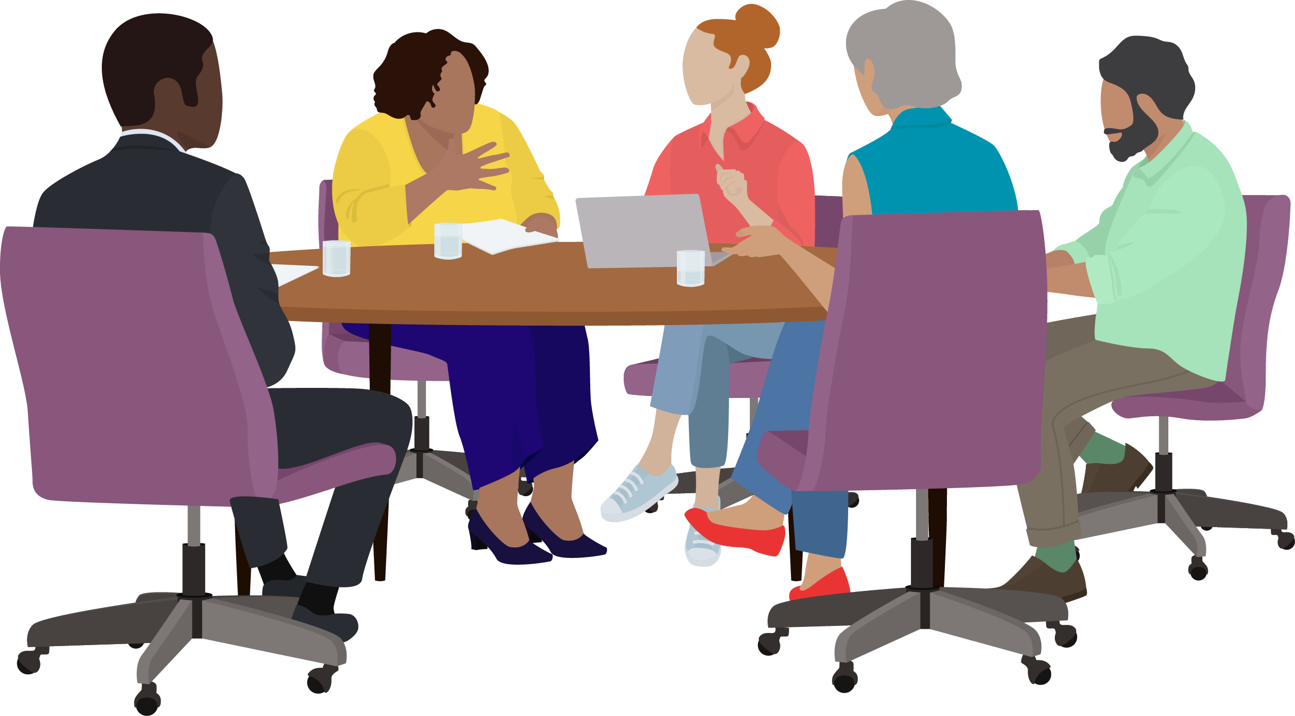 Illustration of diverse group of adults having a discussion around a conference table.
